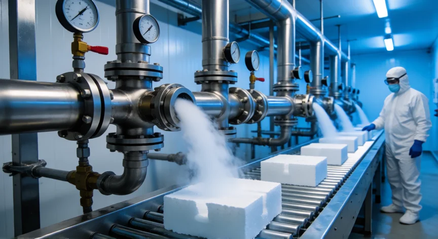 como se fabrica el hielo seco, Planta industrial fabricando hielo seco con CO2 comprimido y bloques de nieve de carbono en transporte