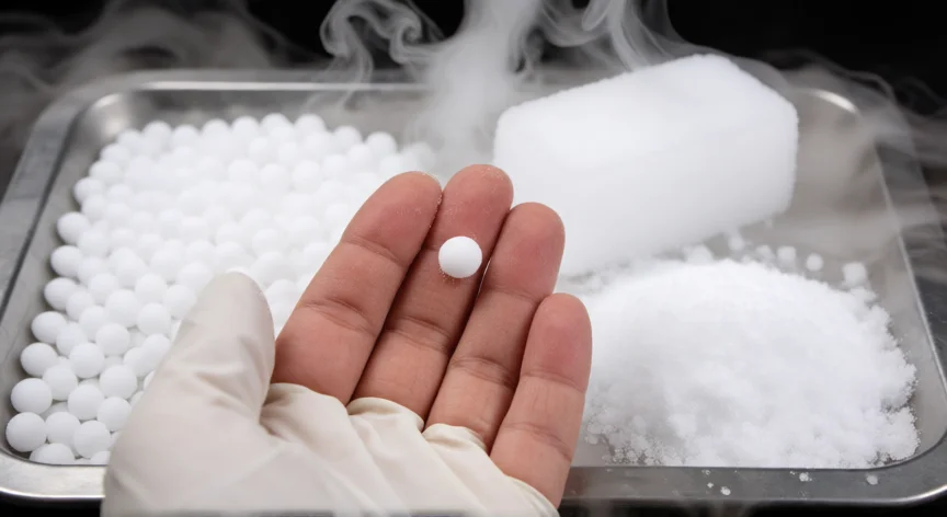 como se fabrica el hielo seco, Hielo seco en distintas formas: pastillas, bloque y nieve de CO2 con sublimación visible