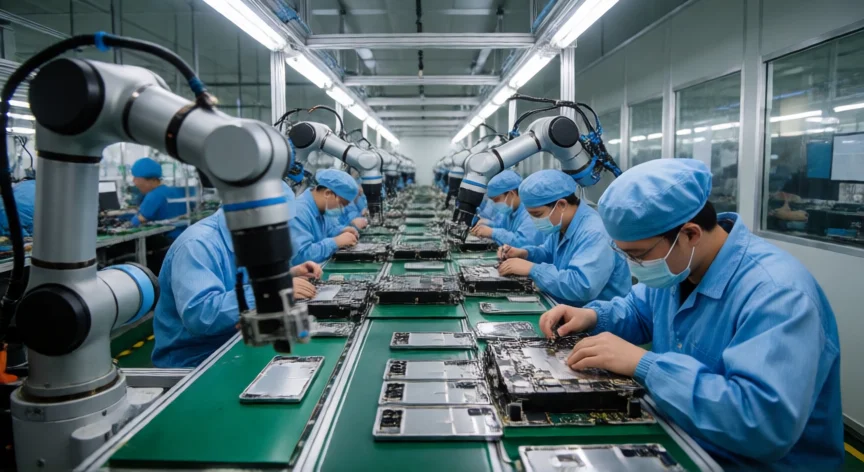 como se fabrica el iphone 17, Línea de ensamblaje de iPhones en una planta de Foxconn con brazos robóticos y técnicos