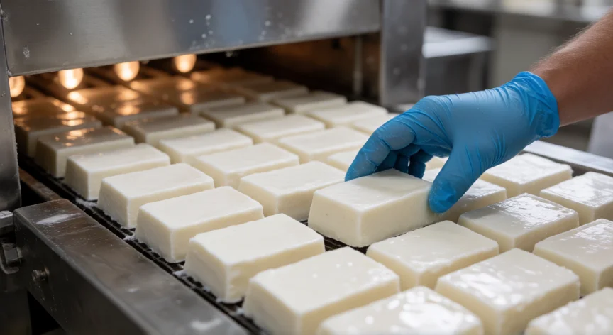 como se fabrica el jabón industrialmente, Barras de jabón recién cortadas en la cinta transportadora de una fábrica