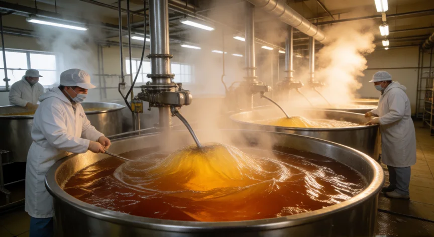 Interior de fábrica de jabón con reactores de saponificación en acero inoxidable