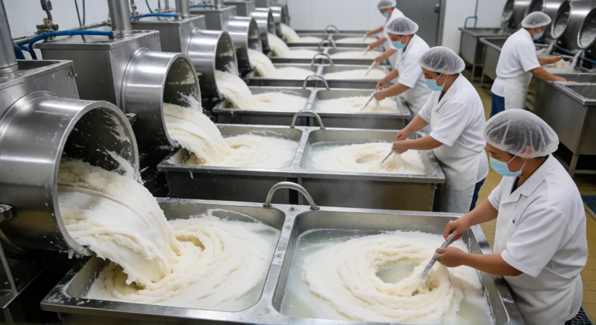 como se fabrica el kanikama, Línea de producción industrial de surimi con tambores de amasado de pasta de pescado blanco