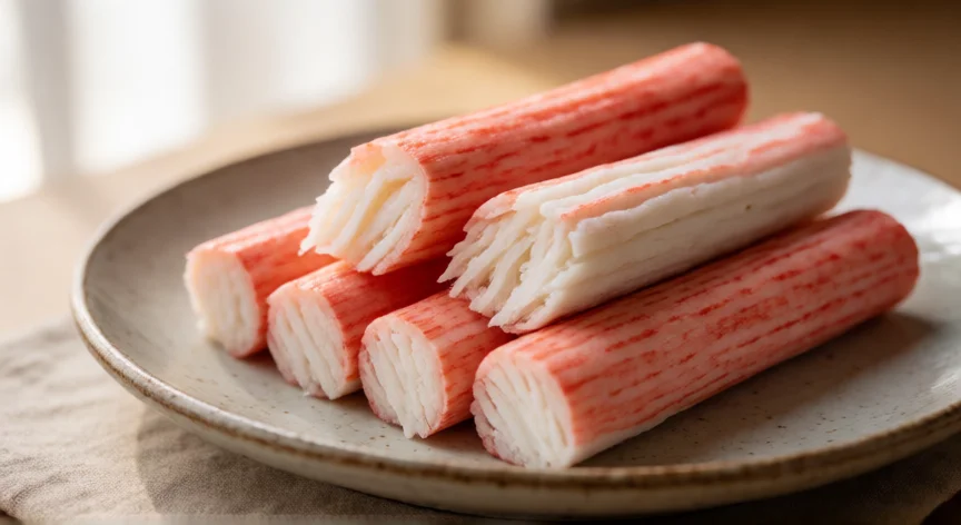 como se fabrica el kanikama, Kanikama o tiras de surimi sobre plato de cerámica mostrando su textura fibrosa blanca y rosa