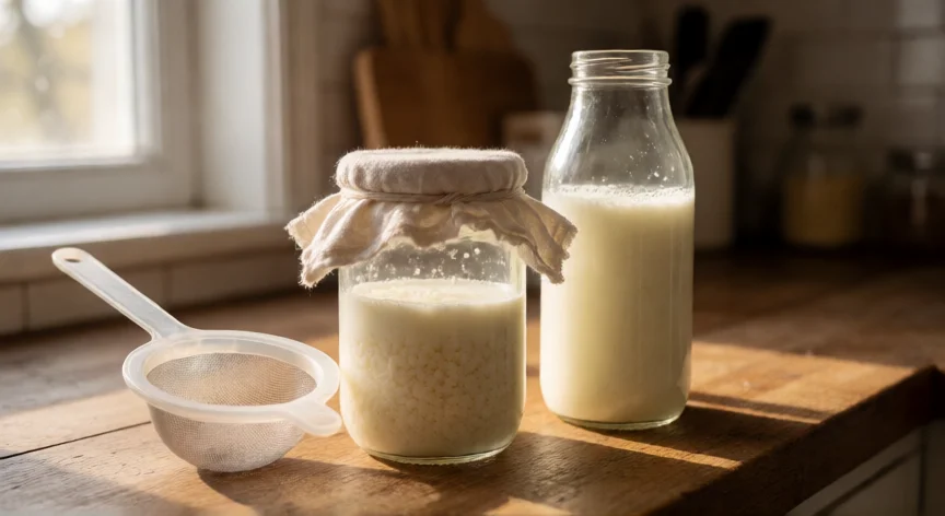 como se fabrica el kefir de leche, Bote de vidrio con granos de kefir en leche sobre encimera de madera con paño y colador