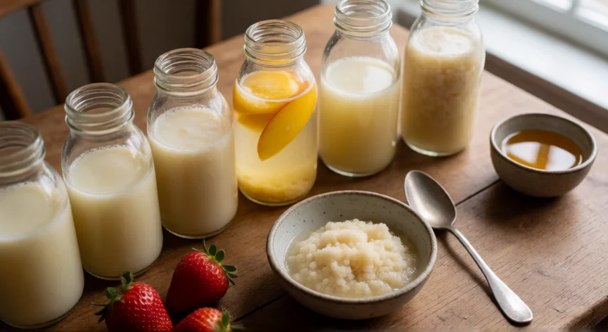 como se fabrica el kefir de leche, Botellas de kefir fermentando con fruta y cuenco con granos sobre mesa de madera