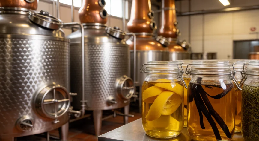 cómo se fabrica el licor 43, Instalación de destilación con frascos de maceración con cítricos y especias