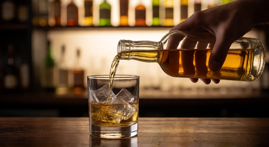 cómo se fabrica el licor 43, Servicio de Licor 43 con hielo en vaso corto sobre barra de madera