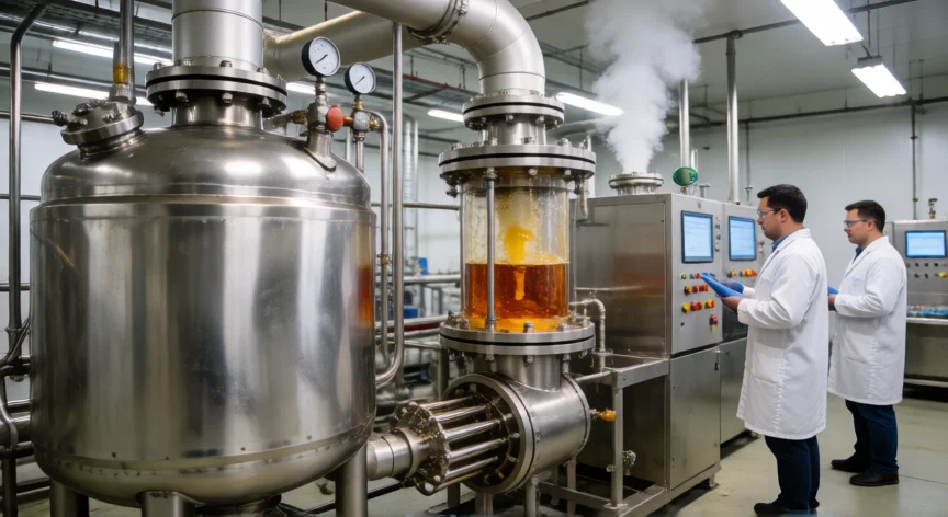como se fabrica el nylon, Reactor industrial de policondensación para la fabricación de nylon con sistema de extrusión de fundido