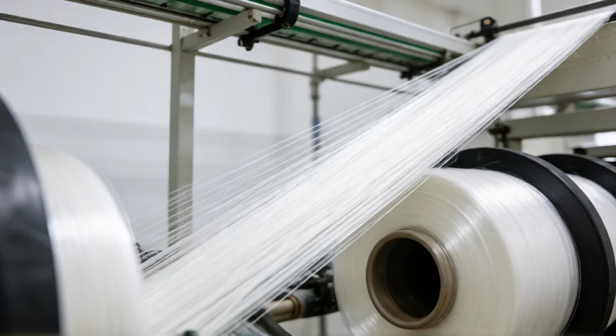 como se fabrica el nylon, Filamentos de nylon blanco siendo orientados y bobinados en una planta textil industrial