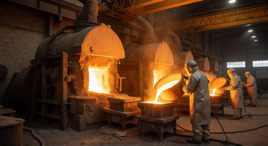 Fundición de oro en horno de inducción dentro de una refinería industrial