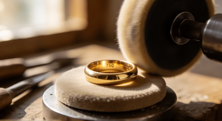 como se fabrica el oro 18k, Anillo de oro 18k con punzón 750 en proceso de pulido final en taller de joyería