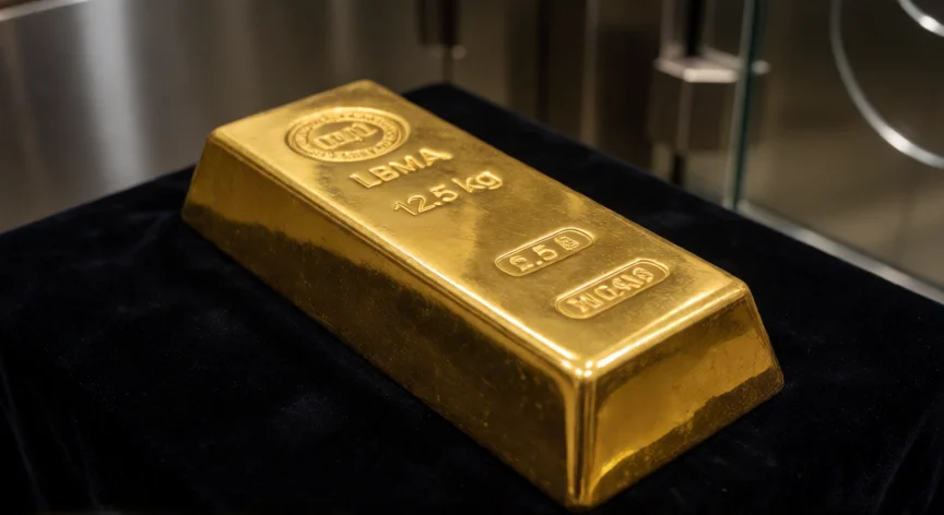 como se fabrica el oro, Lingote de oro LBMA de 12,5 kg con sello de certificación en bóveda