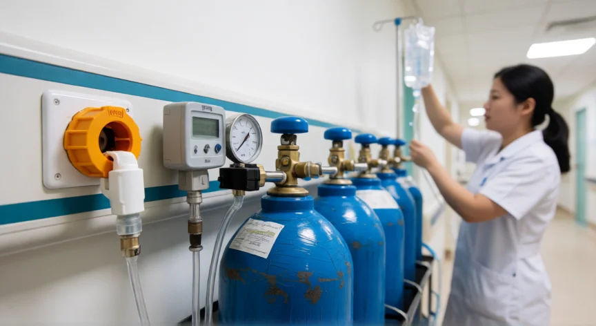 como se fabrica el oxigeno medicinal, Toma de oxígeno medicinal en pared hospitalaria junto a cilindros de alta presión