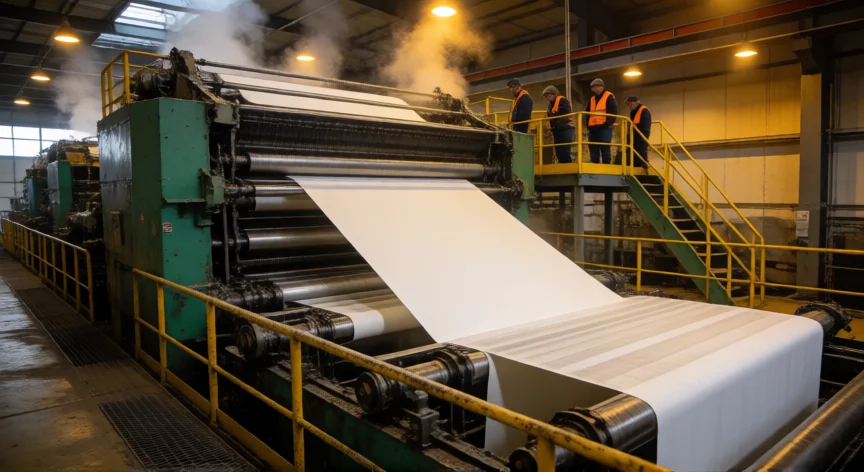 como se fabrica el papel, Máquina Fourdrinier formando una hoja de papel continuo en una fábrica