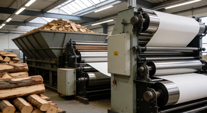 como se fabrica el papel, Línea de producción de papel: astillado, refinado y calandrado