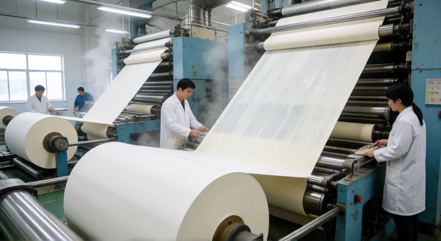 como se fabrica el papel para niños, Interior de una fábrica de papel con la formación de hoja sobre banda filtrante y secado por rodillos calientes
