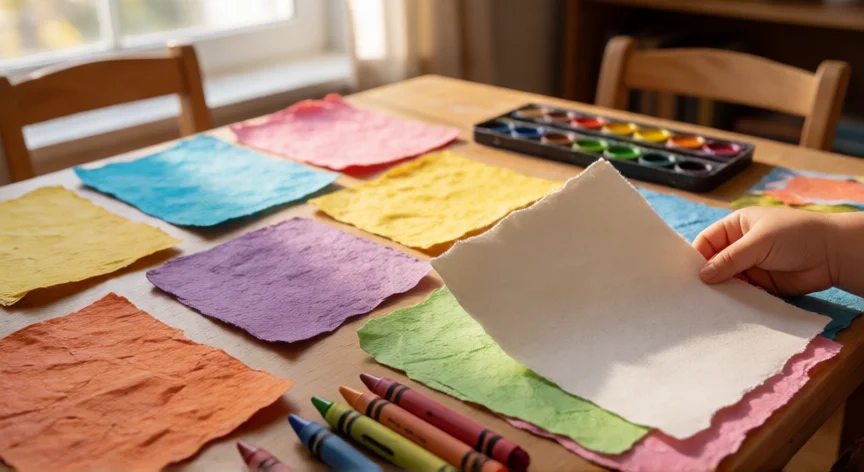 como se fabrica el papel para niños, Manos de un niño sosteniendo una hoja de papel mate suave sobre una mesa de manualidades con ceras y acuarelas