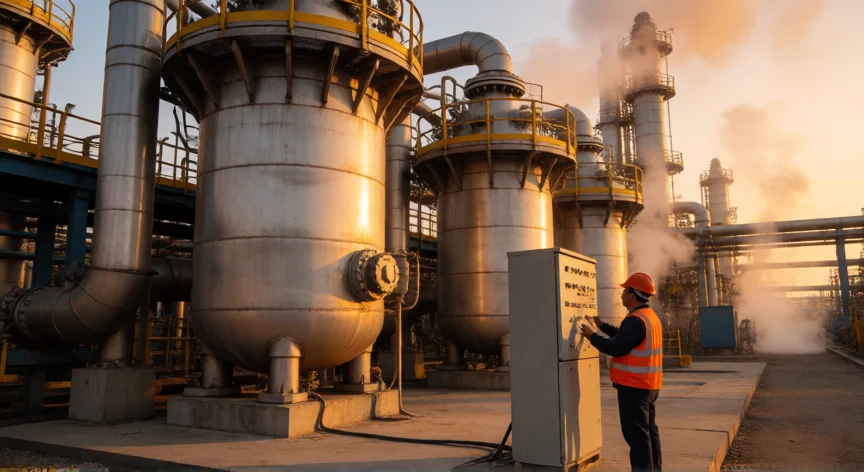 como se fabrica el plastico, Planta petroquímica de cracking con reactores de alta temperatura y tuberías industriales