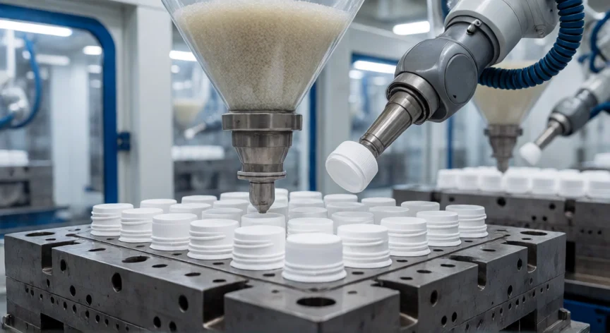 como se fabrica el plastico, Moldeado por inyección de tapones plásticos en una fábrica automatizada