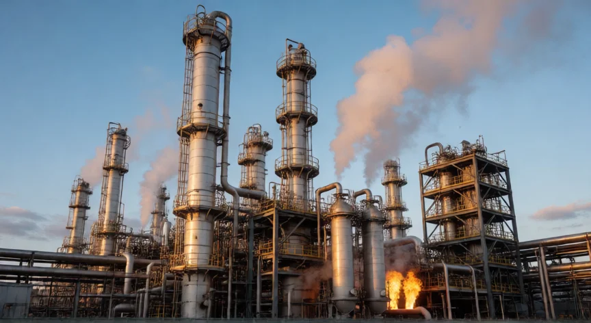 como se fabrica el queroseno, Torres de destilación fraccionada en una refinería de petróleo con calderas e intercambiadores de calor