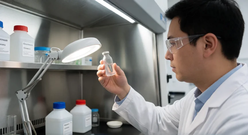 como se fabrica el queroseno, Técnico de laboratorio inspeccionando una muestra de queroseno destilado en un vial de vidrio