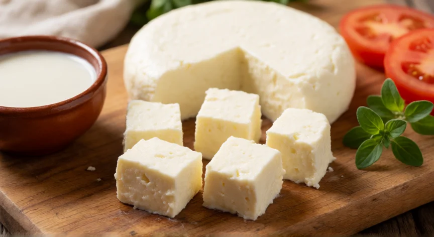 cómo se fabrica el quesillo, Quesillo fresco recién fabricado sobre tabla de madera con suero y especias
