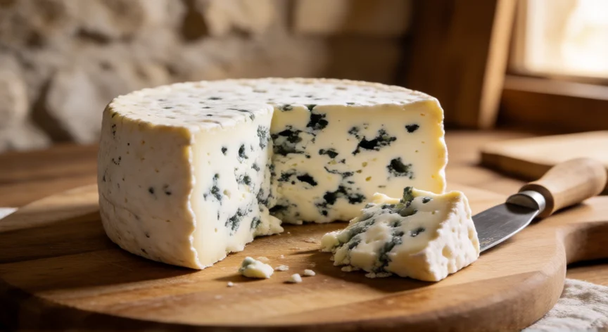 Corte transversal de queso azul Roquefort con vetas azul-verdosas visibles en su interior sobre tabla de madera