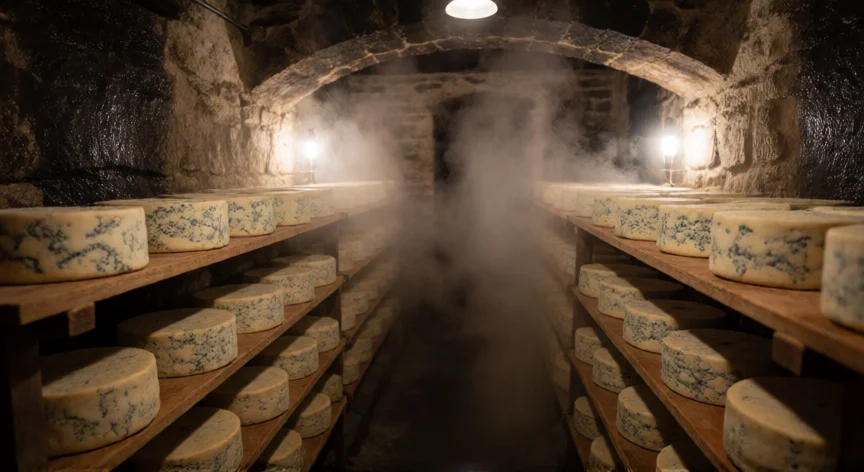 cómo se fabrica el queso azul, Cueva de maduración con ruedas de queso azul en estanterías de madera siendo perforadas con agujas metálicas