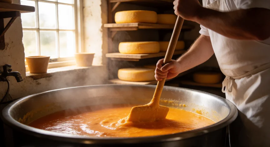 como se fabrica el queso cheddar, Proceso artesanal de fabricación de queso cheddar en una quesería tradicional