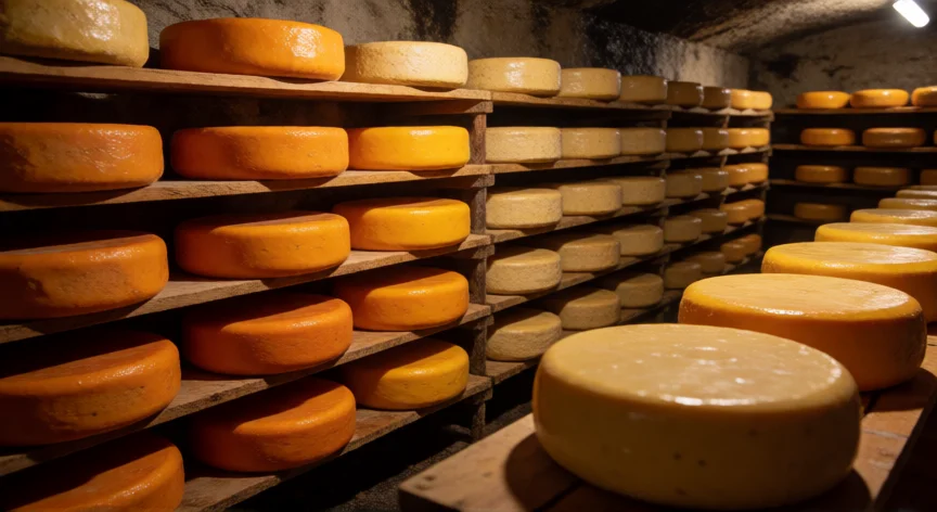como se fabrica el queso cheddar, Sala de maduración con ruedas de queso cheddar apiladas en estantes de madera