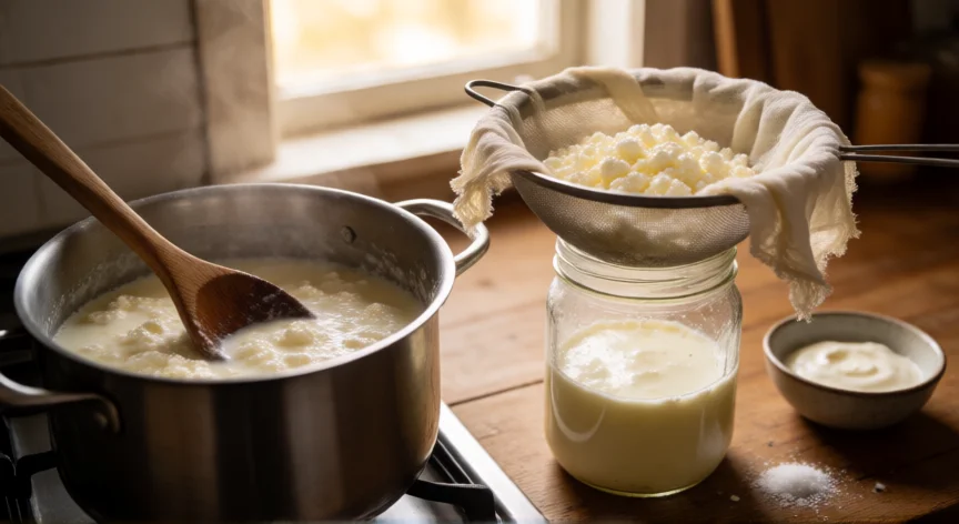 cómo se fabrica el queso cottage, Proceso de fabricación del queso cottage: corte de la cuajada y drenado del suero
