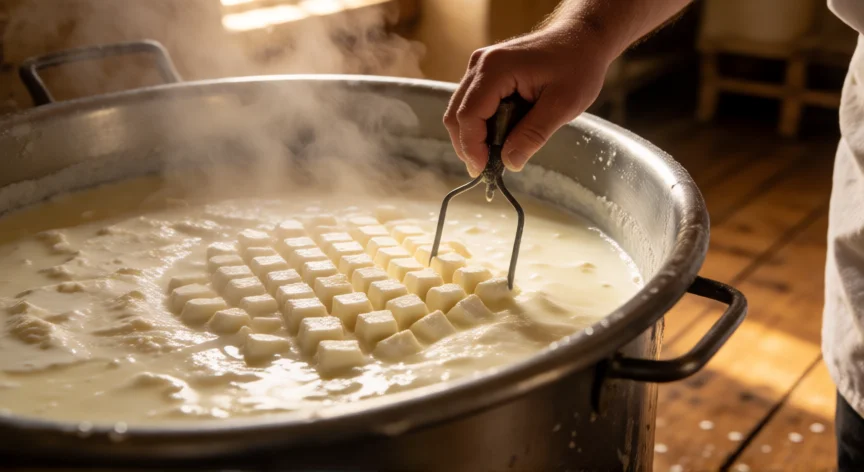 Proceso de corte del grumo de caseína durante la fabricación artesanal de queso