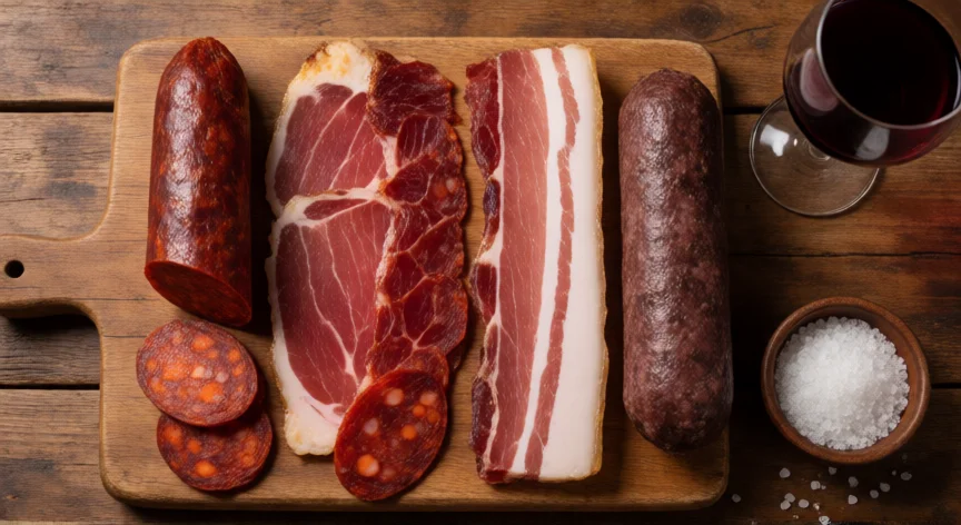 cómo se fabrica el queso de puerco, Variedad de productos cárnicos de cerdo: chorizo, jamón, panceta y morcilla