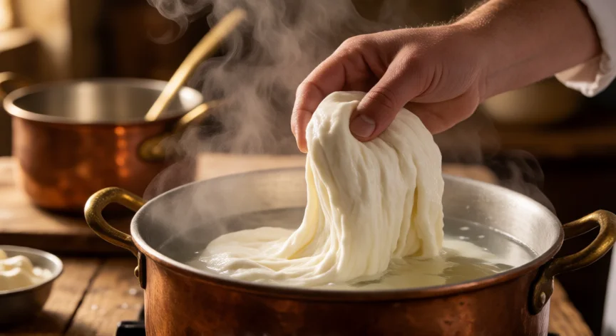 Manos de quesero estirando masa de mozzarella en agua caliente
