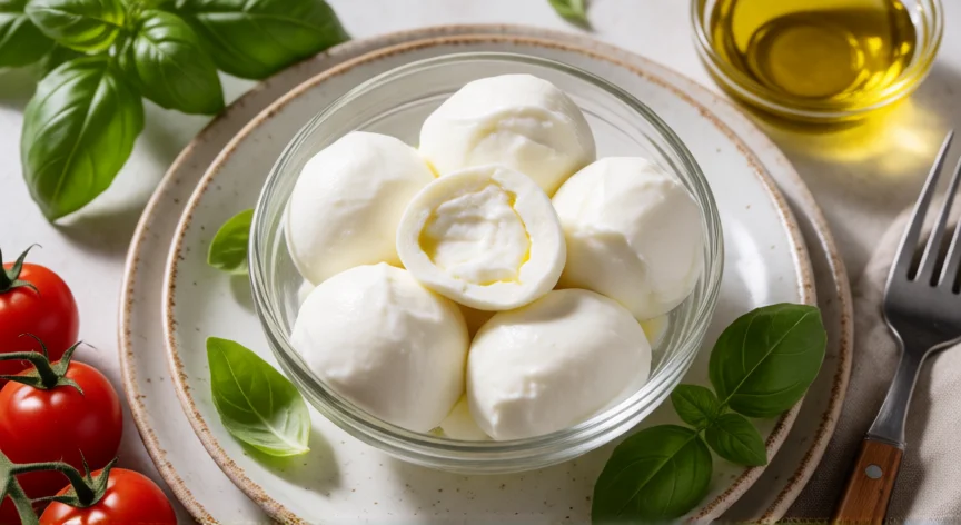 cómo se fabrica el queso mozzarella, Bolas de mozzarella fresca con albahaca y tomates cherry