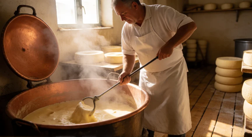 cómo se fabrica el queso parmesano, Maestro quesero rompiendo la grana en un tacho de cobre durante la fabricación del Parmigiano Reggiano
