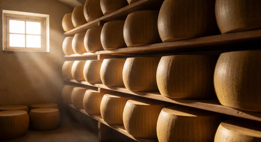 cómo se fabrica el queso parmesano, Ruedas de Parmigiano Reggiano envejeciendo sobre estanterías de madera en una bodega italiana