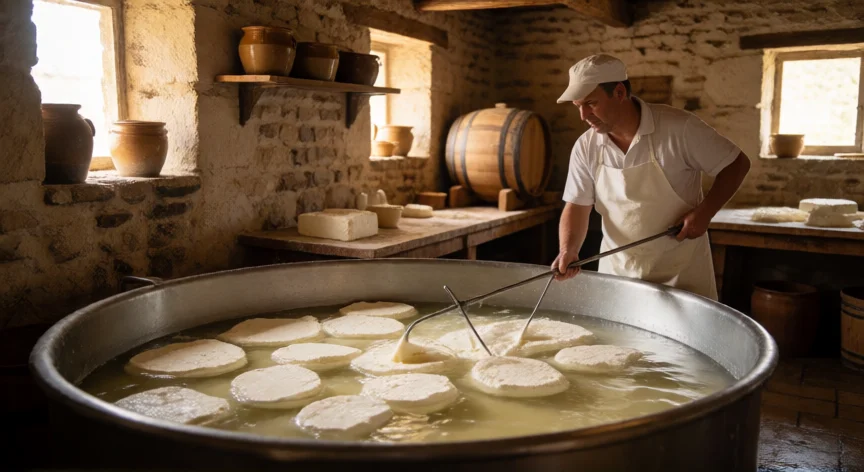 Quesero cortando la cuajada de leche de oveja en una quesería tradicional francesa de Roquefort
