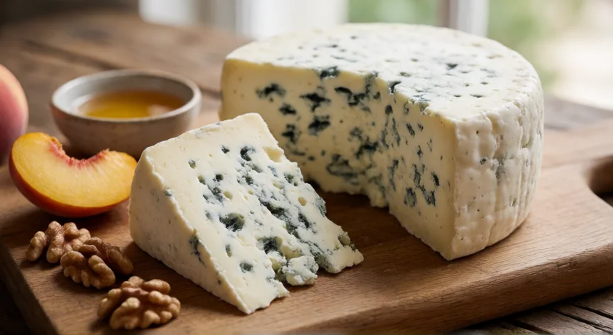 cómo se fabrica el queso roquefort, Corte de queso Roquefort mostrando el veteado azul de Penicillium roqueforti sobre tabla de roble con melocotón y nueces
