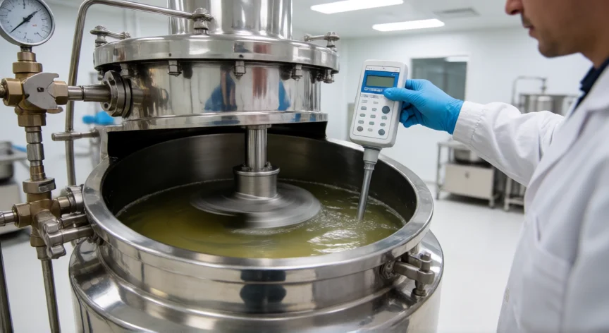 Reactor de acero inoxidable con agitador en una planta de cosméticos midiendo el pH de la mezcla