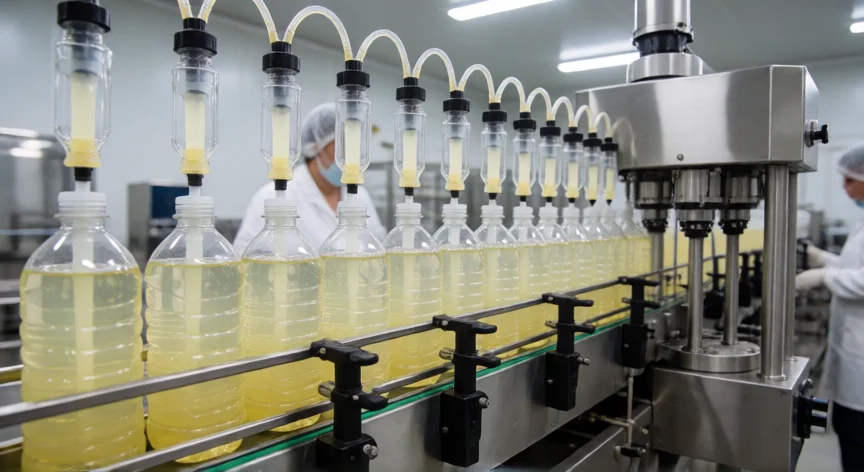 cómo se fabrica el shampoo, Línea automática de llenado y tapado de botellas de shampoo en planta de producción