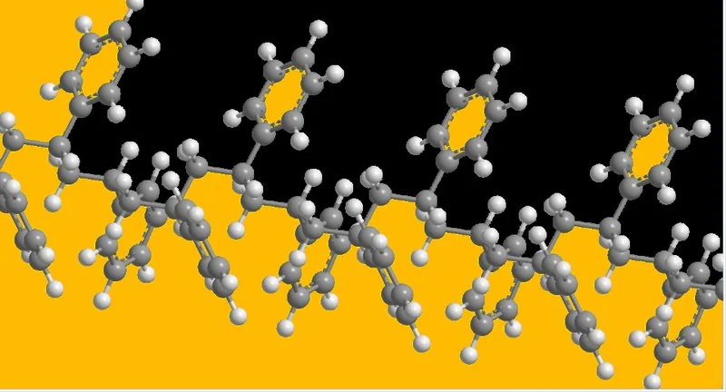 como se fabrica el telgopor, Modelo molecular de la cadena de poliestireno, polímero base del telgopor