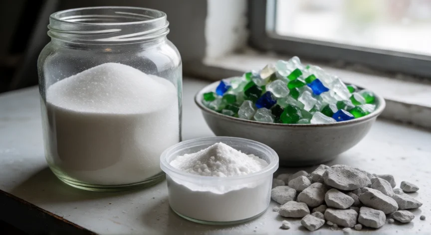 como se fabrica el vidrio, Materias primas para fabricar vidrio: arena de sílice, sosa, caliza y cullet reciclado