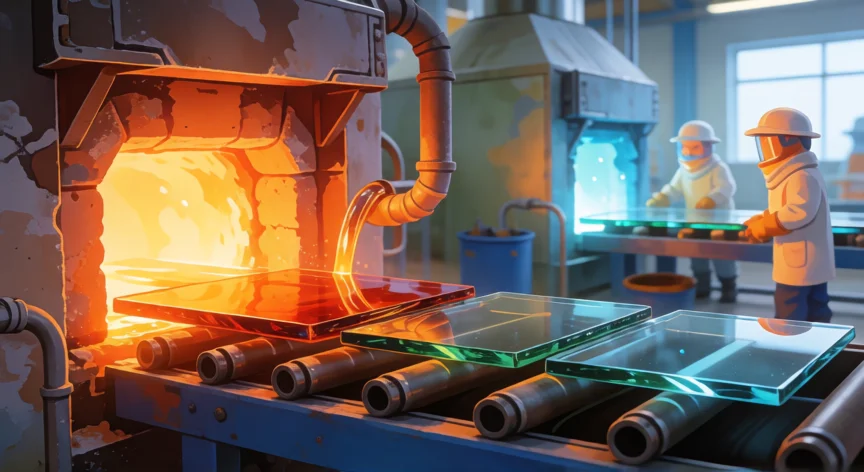 como se fabrica el vidrio para niños, Vista interior de una fábrica de vidrio con horno de fusión y planchas de vidrio en proceso