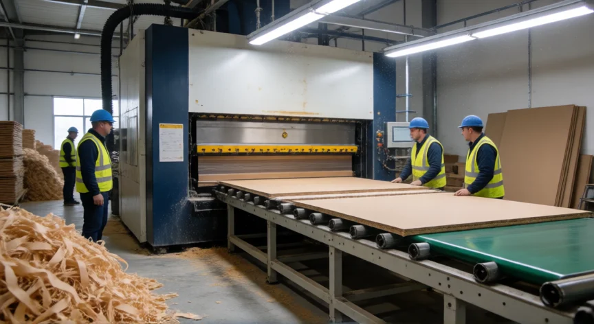 como se fabrica el wall panel, Línea de producción industrial fabricando paneles de pared con prensa de alta temperatura