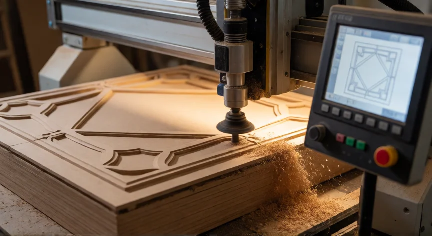 como se fabrica el wall panel, Máquina CNC realizando corte decorativo en paneles de pared de MDF