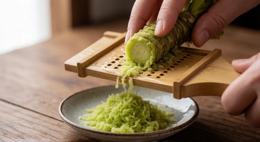 como se fabrica el wasabi, Rizoma de wasabi fresco siendo rallado con un oroshigane tradicional japonés