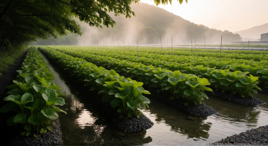 como se fabrica el wasabi, Cultivo de wasabi en canales de agua corriente con sombra natural en Japón