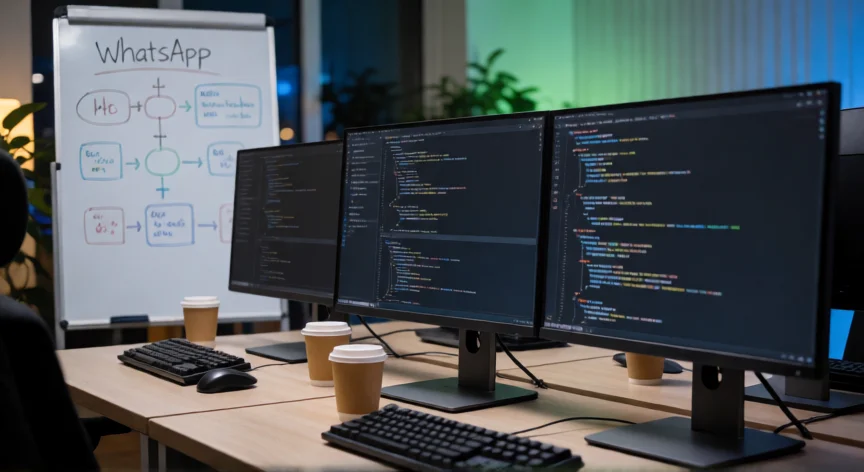 cómo se fabrica el whatsapp, Oficina de ingeniería con monitores mostrando código fuente y diagramas de arquitectura del sistema de WhatsApp