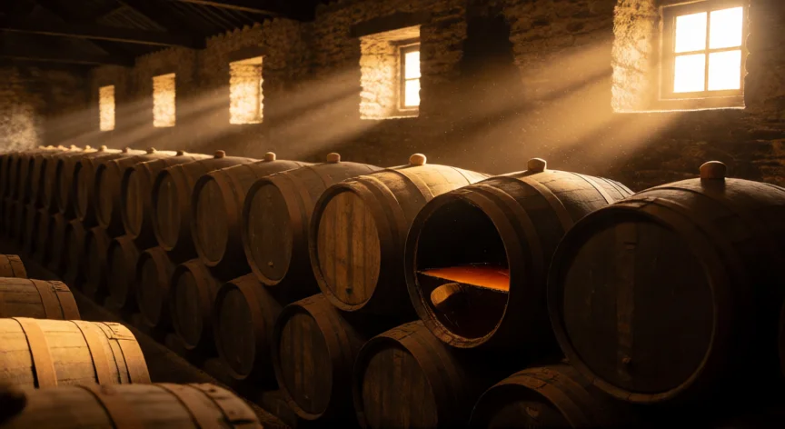 como se fabrica el whisky, Bodega de envejecimiento con filas de barricas de roble apiladas
